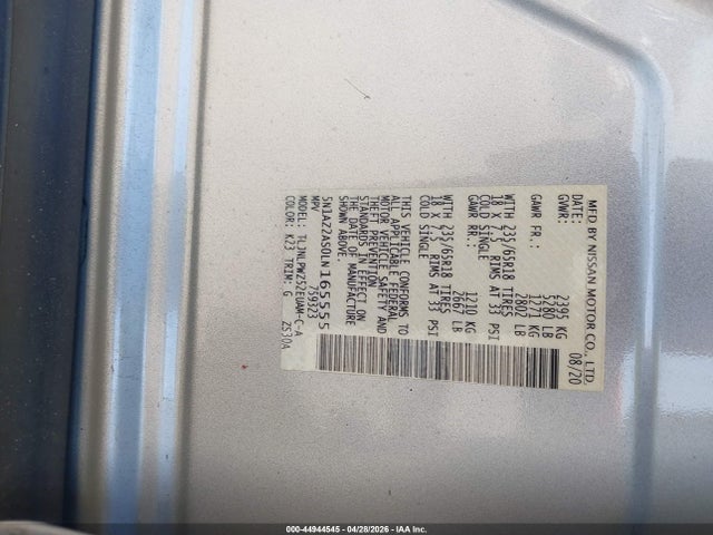 Продажа на аукционе авто 2020 Nissan Murano S Intelligent Awd, vin: 5N1AZ2AS0LN165555, номер лота: 44944545