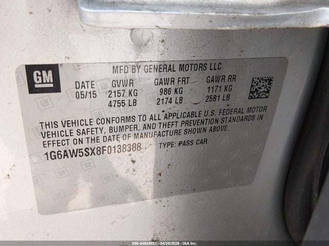 Aukcja sprzedaży 2015 Cadillac Cts Standard, vin: 1G6AW5SX8F0138388, numer aukcji: 44944551