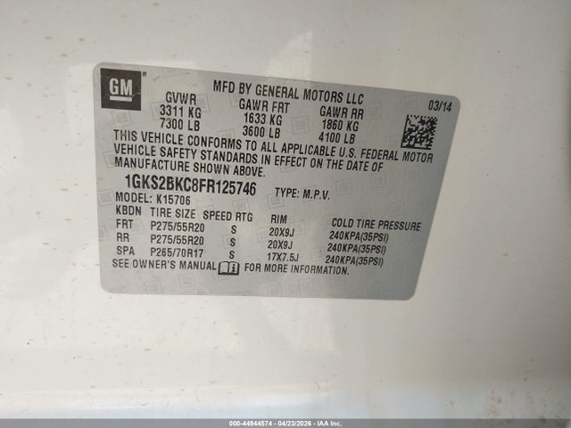 44944574 :رقم المزاد ، 1GKS2BKC8FR125746 vin ، 2015 Gmc Yukon Slt مزاد بيع