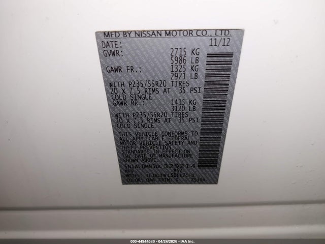 44944580 :رقم المزاد ، 5N1AL0MN5DC329214 vin ، 2013 Infiniti Jx35 مزاد بيع