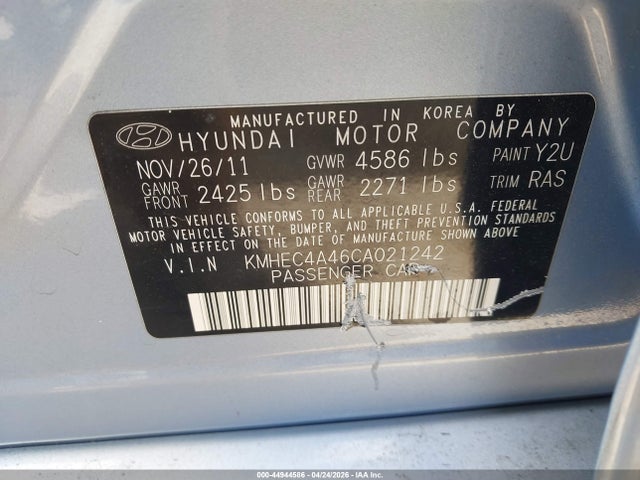 Продажа на аукционе авто 2012 Hyundai Sonata Hybrid, vin: KMHEC4A46CA021242, номер лота: 44944586
