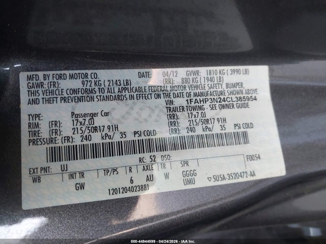 Aukcja sprzedaży 2012 Ford Focus Titanium, vin: 1FAHP3N24CL385954, numer aukcji: 44944599