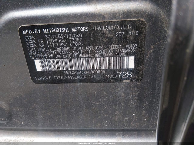 Продаж на аукціоні авто 2019 Mitsubishi Mirage Es, vin: ML32A3HJXKH000695, номер лоту: 44944607