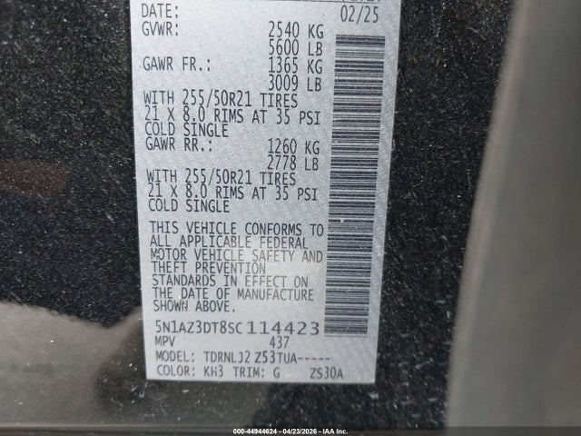 Aukcja sprzedaży 2025 Nissan Murano Platinum, vin: 5N1AZ3DT8SC114423, numer aukcji: 44944624