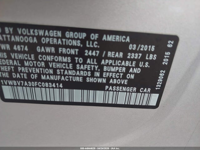 2015 Volkswagen Passat 2.0l Tdi Se მანქანა იყიდება აუქციონზე, vin: 1VWBV7A30FC083414, აუქციონის ნომერი: 44944629