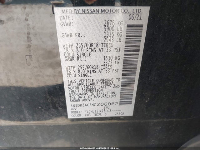 Продажа на аукционе авто 2022 Nissan Pathfinder S 4wd, vin: 5N1DR3AC5NC206062, номер лота: 44944632