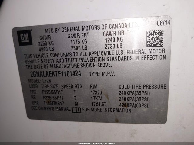 Aukcja sprzedaży 2015 Chevrolet Equinox Ls, vin: 2GNALAEK7F1101424, numer aukcji: 44944633