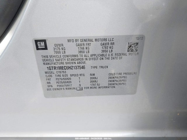 Aukcja sprzedaży 2017 Gmc Sierra 1500 Sle, vin: 1GTR1MEC6HZ137546, numer aukcji: 44944645
