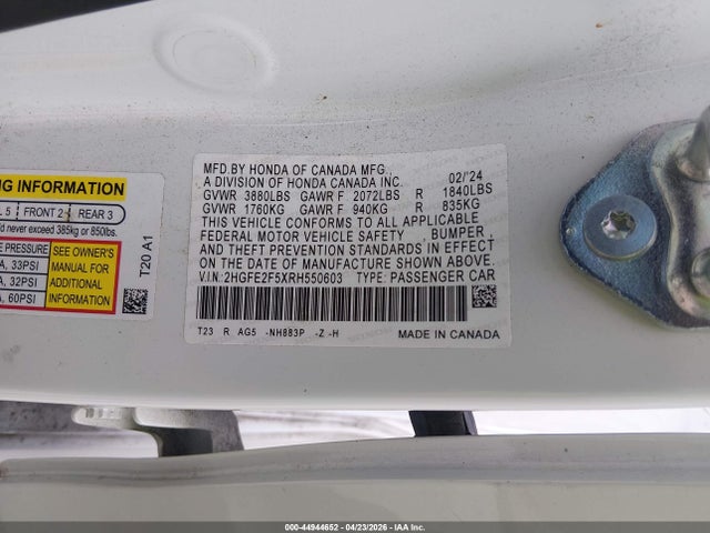 Aukcja sprzedaży 2024 Honda Civic Sport, vin: 2HGFE2F5XRH550603, numer aukcji: 44944652