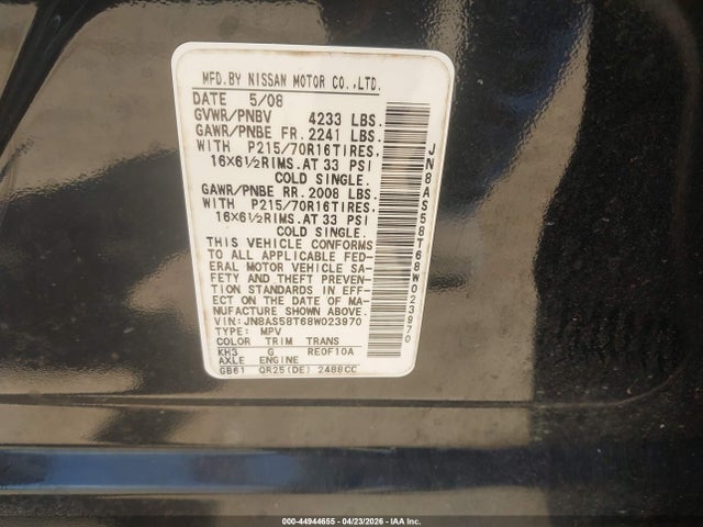 Aukcja sprzedaży 2008 Nissan Rogue S, vin: JN8AS58T68W023970, numer aukcji: 44944655