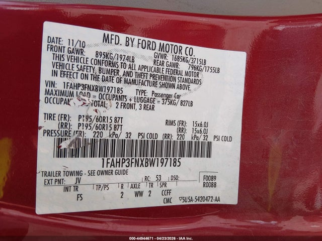 2011 Ford Focus Se მანქანა იყიდება აუქციონზე, vin: 1FAHP3FNXBW197185, აუქციონის ნომერი: 44944671