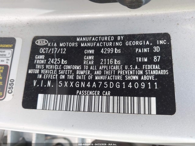 Продажа на аукционе авто 2013 Kia Optima Ex, vin: 5XXGN4A75DG140911, номер лота: 44944674