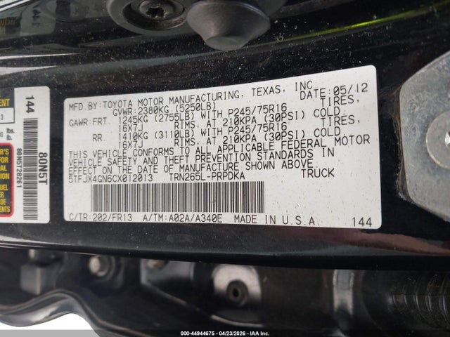 Продажа на аукционе авто 2012 Toyota Tacoma Prerunner, vin: 5TFJX4GN6CX012013, номер лота: 44944675