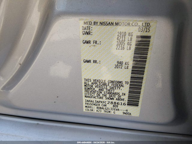 Продажа на аукционе авто 2015 Nissan Altima 2.5 S, vin: 1N4AL3APXFC288616, номер лота: 44944690
