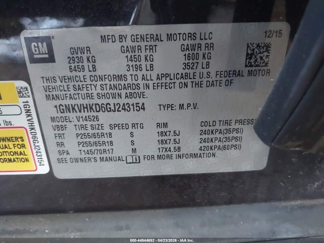 Продаж на аукціоні авто 2016 Chevrolet Traverse 2lt, vin: 1GNKVHKD6GJ243154, номер лоту: 44944692
