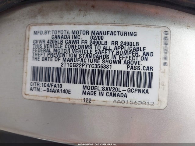 Продажа на аукционе авто 2000 Toyota Camry Solara Se, vin: 2T1CG22P7YC356381, номер лота: 44944702