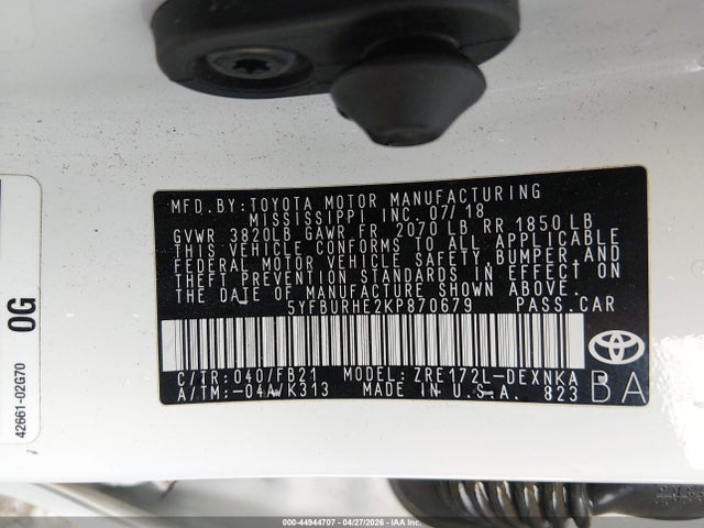 Aukcja sprzedaży 2019 Toyota Corolla Le, vin: 5YFBURHE2KP870679, numer aukcji: 44944707