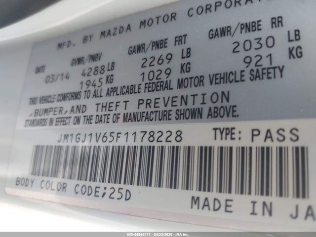 Aukcja sprzedaży 2015 Mazda Mazda6 I Touring, vin: JM1GJ1V65F1178228, numer aukcji: 44944717