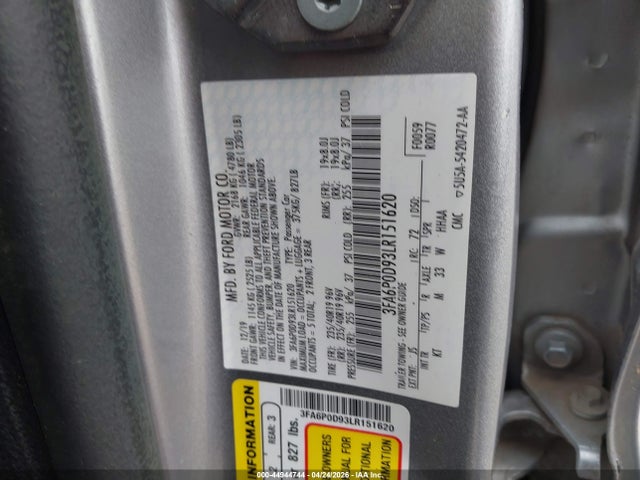 Aukcja sprzedaży 2020 Ford Fusion Titanium, vin: 3FA6P0D93LR151620, numer aukcji: 44944744
