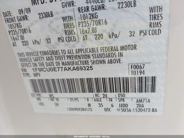 44944748 :رقم المزاد ، 1FMCU0E77AKA69325 vin ، 2010 Ford Escape Limited مزاد بيع