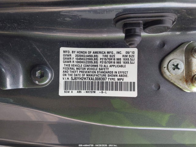 44944759 :رقم المزاد ، 5J6YH2H7XAL008397 vin ، 2010 Honda Element Ex مزاد بيع