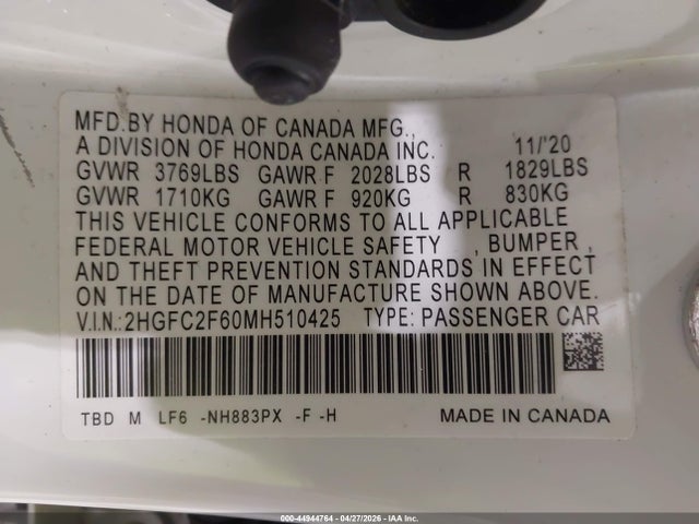 Aukcja sprzedaży 2021 Honda Civic Lx, vin: 2HGFC2F60MH510425, numer aukcji: 44944764