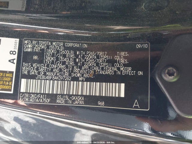 Продажа на аукционе авто 2010 Toyota Fj Cruiser, vin: JTEBU4BF8AK097262, номер лота: 44944776