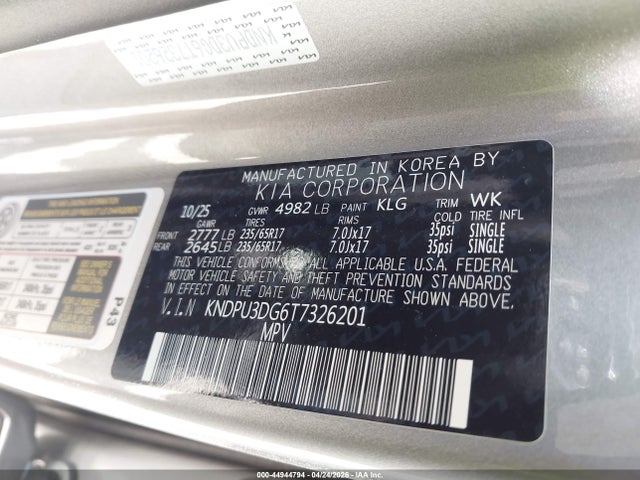 2026 Kia Sportage Hybrid Lx მანქანა იყიდება აუქციონზე, vin: KNDPU3DG6T7326201, აუქციონის ნომერი: 44944794