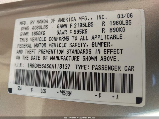 2006 Honda Accord 2.4 Lx მანქანა იყიდება აუქციონზე, vin: 1HGCM56456A118137, აუქციონის ნომერი: 44944801