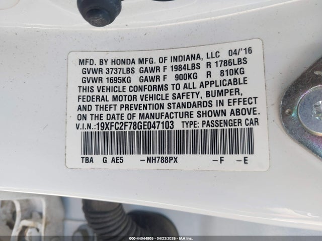 2016 Honda Civic Ex მანქანა იყიდება აუქციონზე, vin: 19XFC2F78GE047103, აუქციონის ნომერი: 44944805