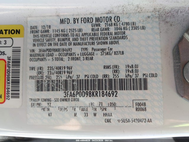 Ford Fusion Titanium 2019 3FA6P0D98KR184692 Image 9