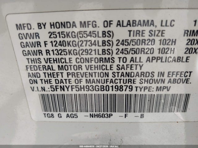 2016 Honda Pilot Touring მანქანა იყიდება აუქციონზე, vin: 5FNYF5H93GB019879, აუქციონის ნომერი: 44944830