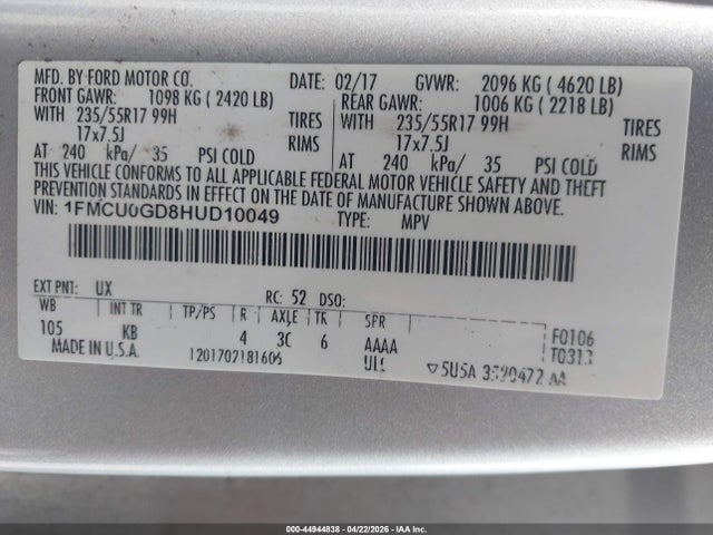44944838 :رقم المزاد ، 1FMCU0GD8HUD10049 vin ، 2017 Ford Escape Se مزاد بيع