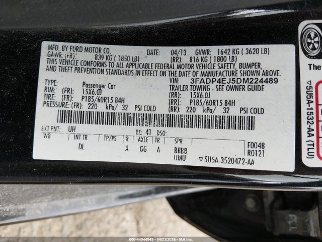 2013 Ford Fiesta Se მანქანა იყიდება აუქციონზე, vin: 3FADP4EJ5DM224489, აუქციონის ნომერი: 44944849