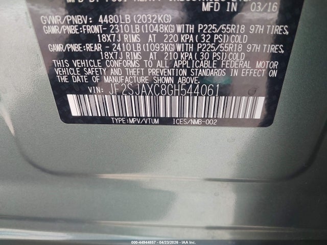 44944857 :رقم المزاد ، JF2SJAXC8GH544061 vin ، 2016 Subaru Forester 2.5i Touring مزاد بيع