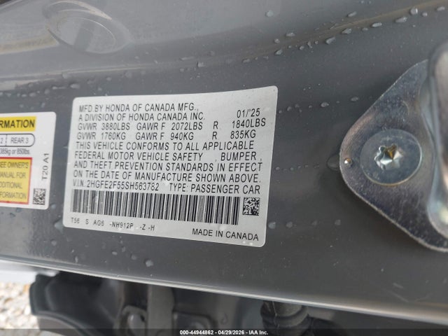 Aukcja sprzedaży 2025 Honda Civic Sport, vin: 2HGFE2F55SH563782, numer aukcji: 44944862