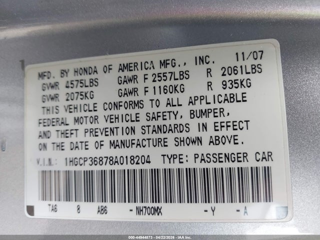 44944873 :رقم المزاد ، 1HGCP36878A018204 vin ، 2008 Honda Accord 3.5 Ex-l مزاد بيع