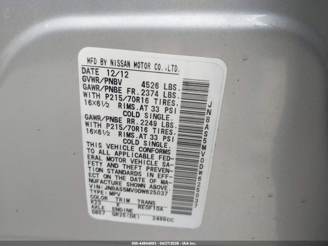 2013 Nissan Rogue S მანქანა იყიდება აუქციონზე, vin: JN8AS5MV0DW625037, აუქციონის ნომერი: 44944883