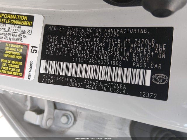 Продаж на аукціоні авто 2024 Toyota Camry Le, vin: 4T1C11AK4RU251802, номер лоту: 44944887