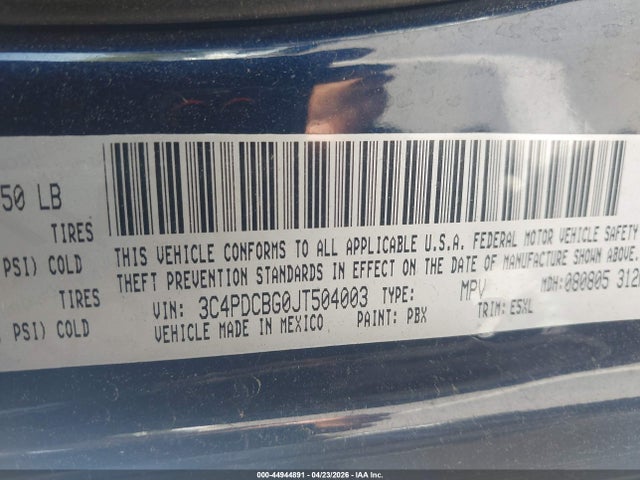 2018 Dodge Journey Sxt მანქანა იყიდება აუქციონზე, vin: 3C4PDCBG0JT504003, აუქციონის ნომერი: 44944891