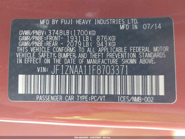 44944892 :رقم المزاد ، JF1ZNAA11F8703371 vin ، 2015 Scion Fr-s مزاد بيع