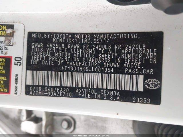Aukcja sprzedaży 2018 Toyota Camry Hybrid Le, vin: 4T1B31HK5JU001954, numer aukcji: 44944895