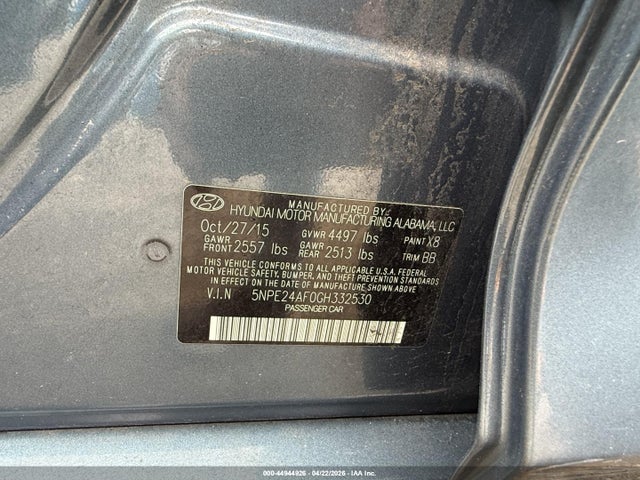 44944926 :رقم المزاد ، 5NPE24AF0GH332530 vin ، 2016 Hyundai Sonata Se مزاد بيع