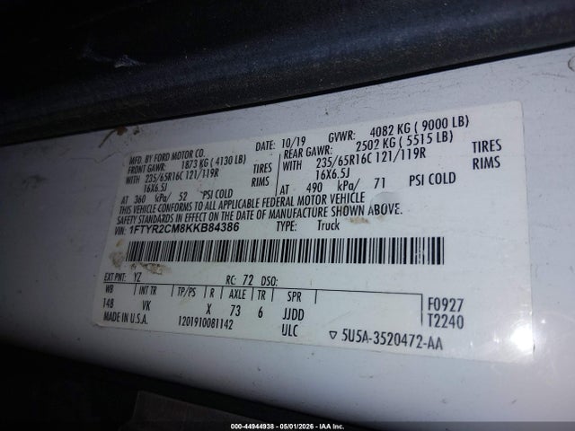 Aukcja sprzedaży 2019 Ford Transit-250, vin: 1FTYR2CM8KKB84386, numer aukcji: 44944938