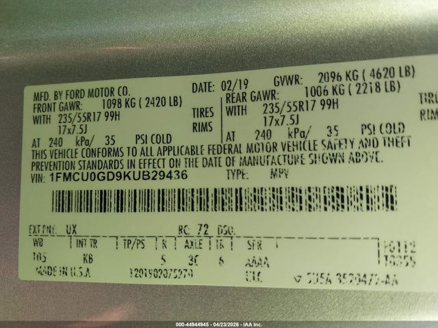 Aukcja sprzedaży 2019 Ford Escape Se, vin: 1FMCU0GD9KUB29436, numer aukcji: 44944945