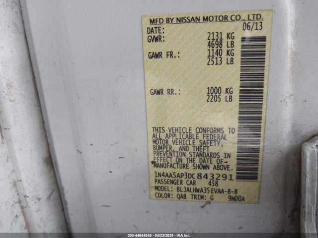 2013 Nissan Maxima 3.5 Sv მანქანა იყიდება აუქციონზე, vin: 1N4AA5AP3DC843291, აუქციონის ნომერი: 44944949