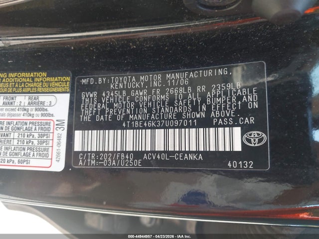 Aukcja sprzedaży 2007 Toyota Camry Le, vin: 4T1BE46K37U097011, numer aukcji: 44944957