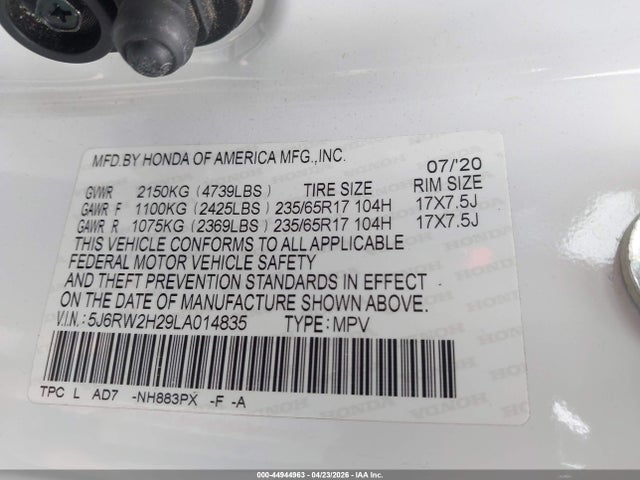 Продажа на аукционе авто 2020 Honda Cr-v Awd Lx, vin: 5J6RW2H29LA014835, номер лота: 44944963