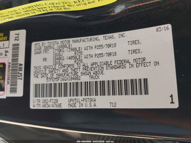 44944969 :رقم المزاد ، 5TFEM5F16GX104002 vin ، 2016 Toyota Tundra Sr5 4.6l V8 مزاد بيع