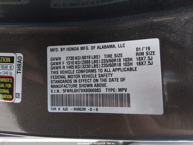 5FNRL6H7XKB066983 Honda Odyssey Ex-l